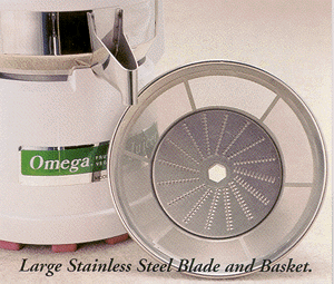 The Omega 4000 Juicer has a large
		cutting blade and strainer, which also seperates for easy cleaning, and easy replacement of the
		blade, should it get dull.